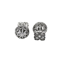 Oxidized Silver Floral Ball Stud Earrings