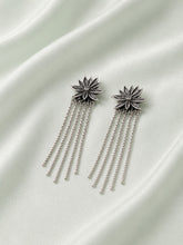 Floral Silver Drop Earrings with Long Chain Tassels