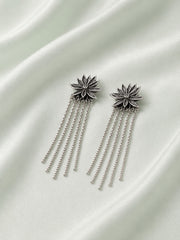 Floral Silver Drop Earrings with Long Chain Tassels