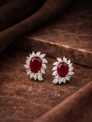 925 Sterling Silver Ruby Red Floral Stud Earrings