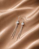 Elegant Silver Threader Earrings with Crystal Stud & Dual Chain Drop