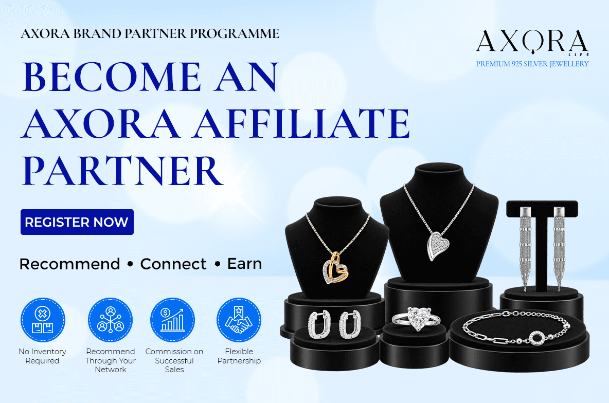 AXORA LIFE affiliate partner banner featuring silver jewellery and programme benefits