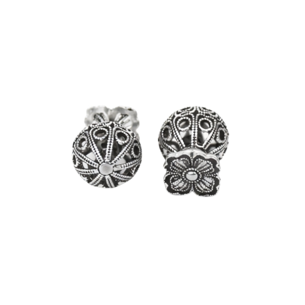 Oxidized Silver Floral Ball Stud Earrings