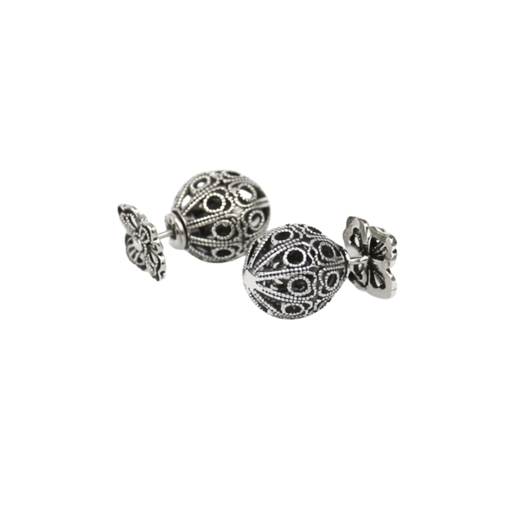 Oxidized Silver Floral Ball Stud Earrings