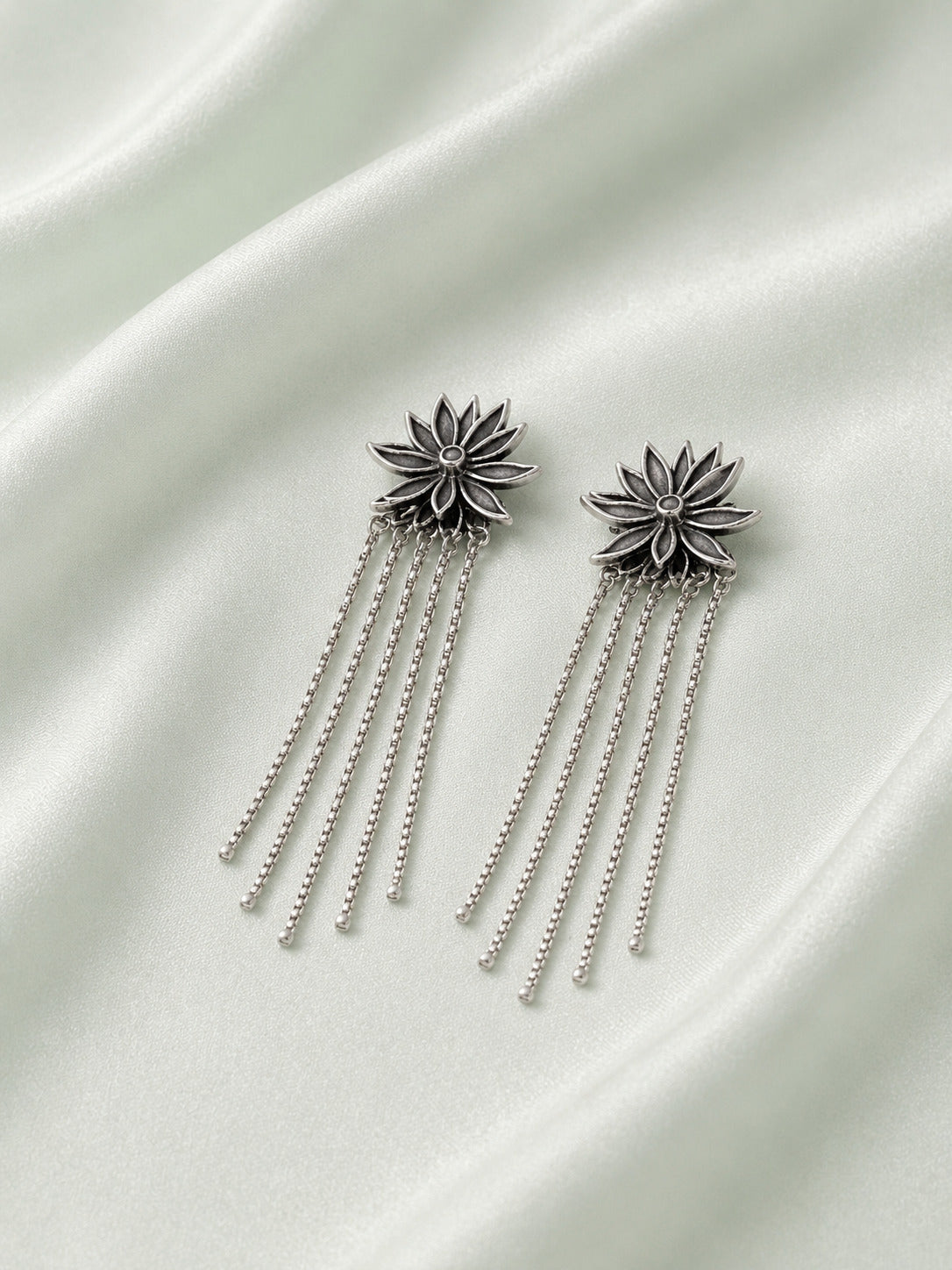 Floral Silver Drop Earrings with Long Chain Tassels