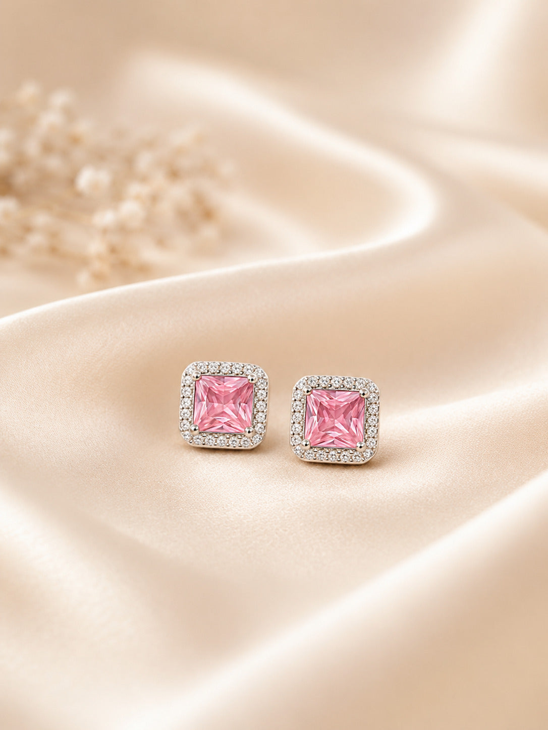 Silver Pink Emerald Sparkle Stud Earrings