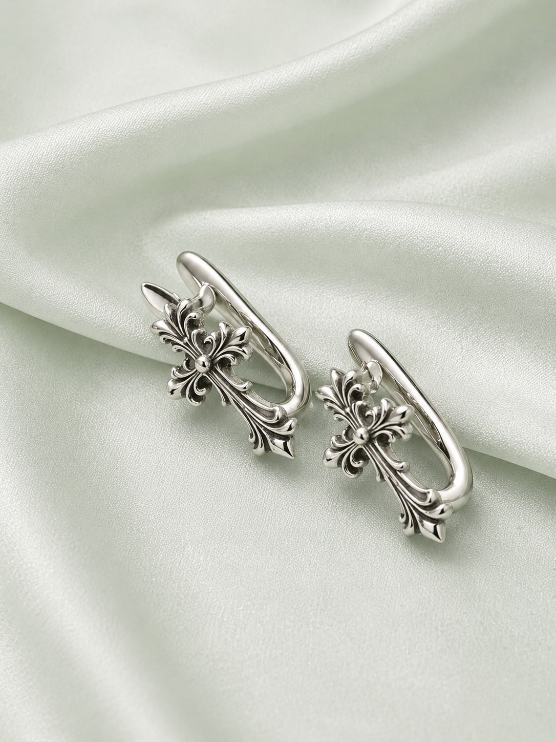 Vintage Cross Design Silver Hoop Earrings