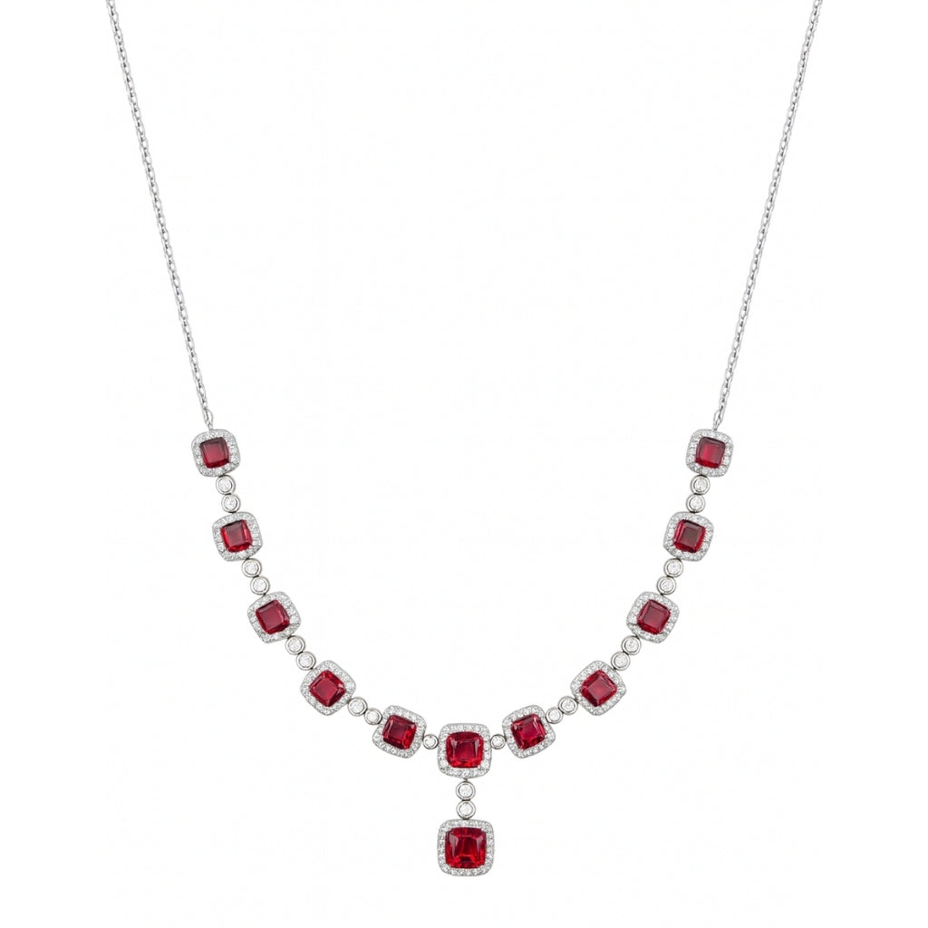 Premium Sterling Silver Jewellery Set with Square Ruby Red Stones