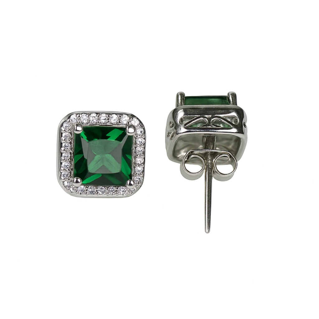 Silver Green Emerald Sparkle Stud Earrings