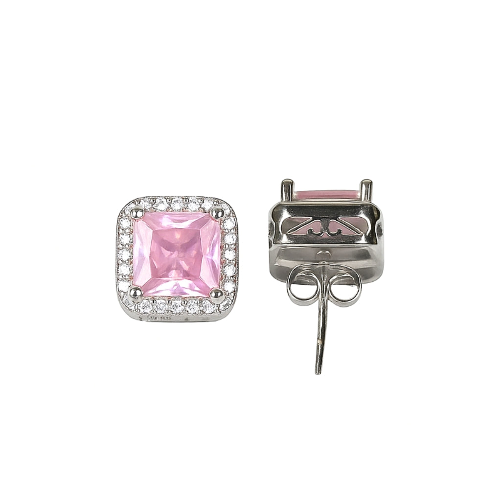 Silver Pink Emerald Sparkle Stud Earrings
