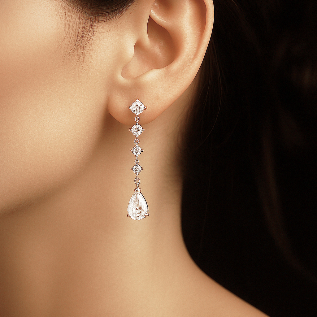 Silver 925 White Stone Fancy Drop Earrings