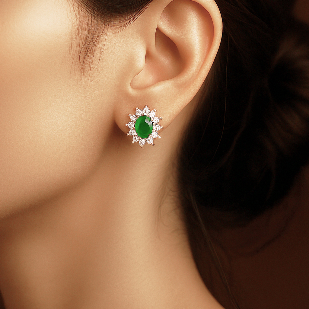 Silver Elegant Stud Earrings With Green Stone